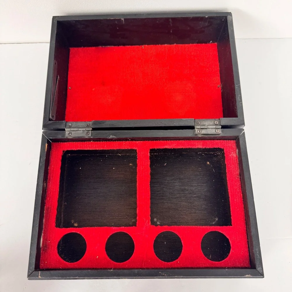 Vtg Ercsco Japan Cut Glass Decanter In Wooden Box World Map w/ 4 Shot Glasses